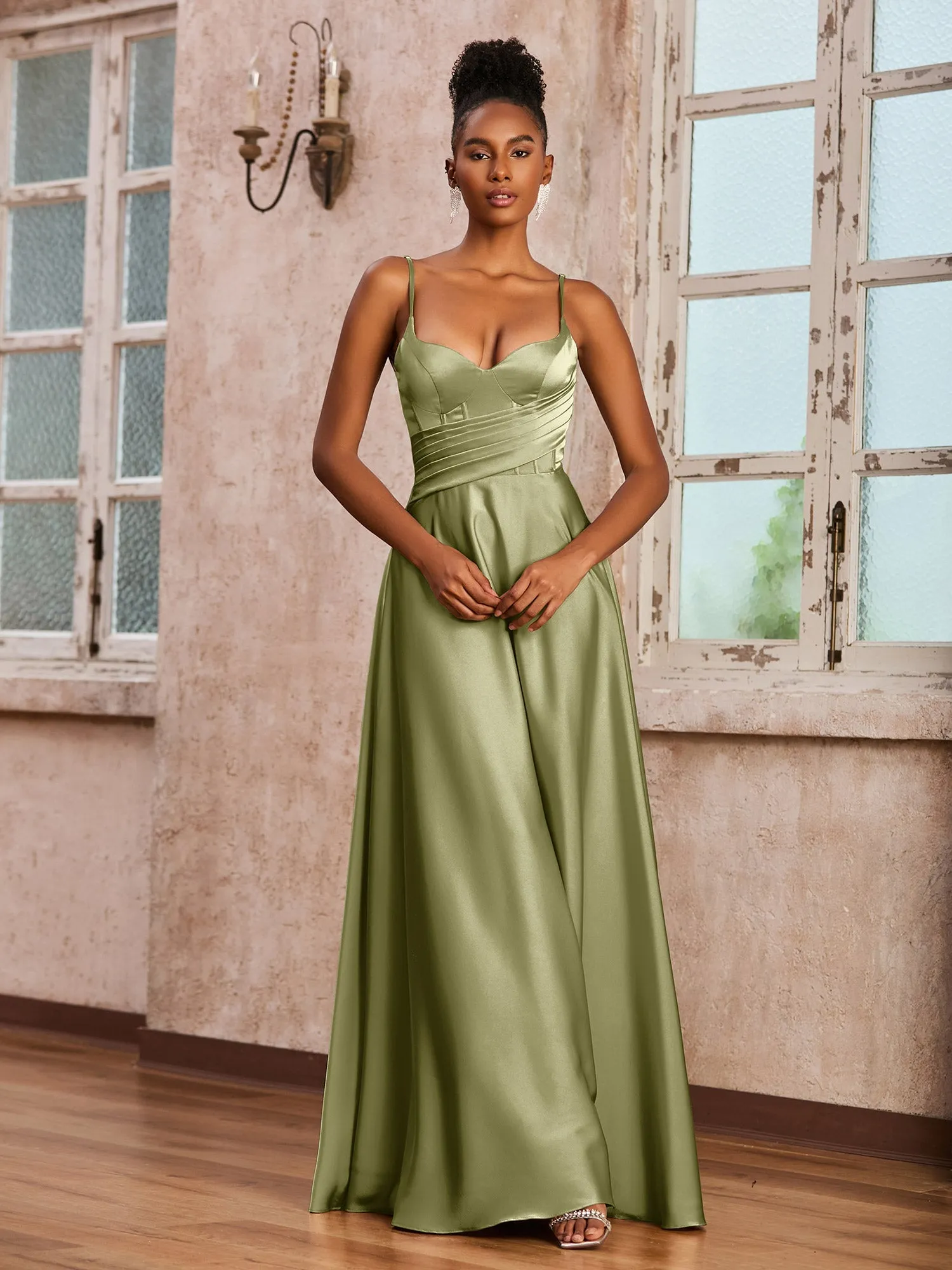 Korsett Oberteil Plissee Stretch-Satin Kleid Staubiges Salbei