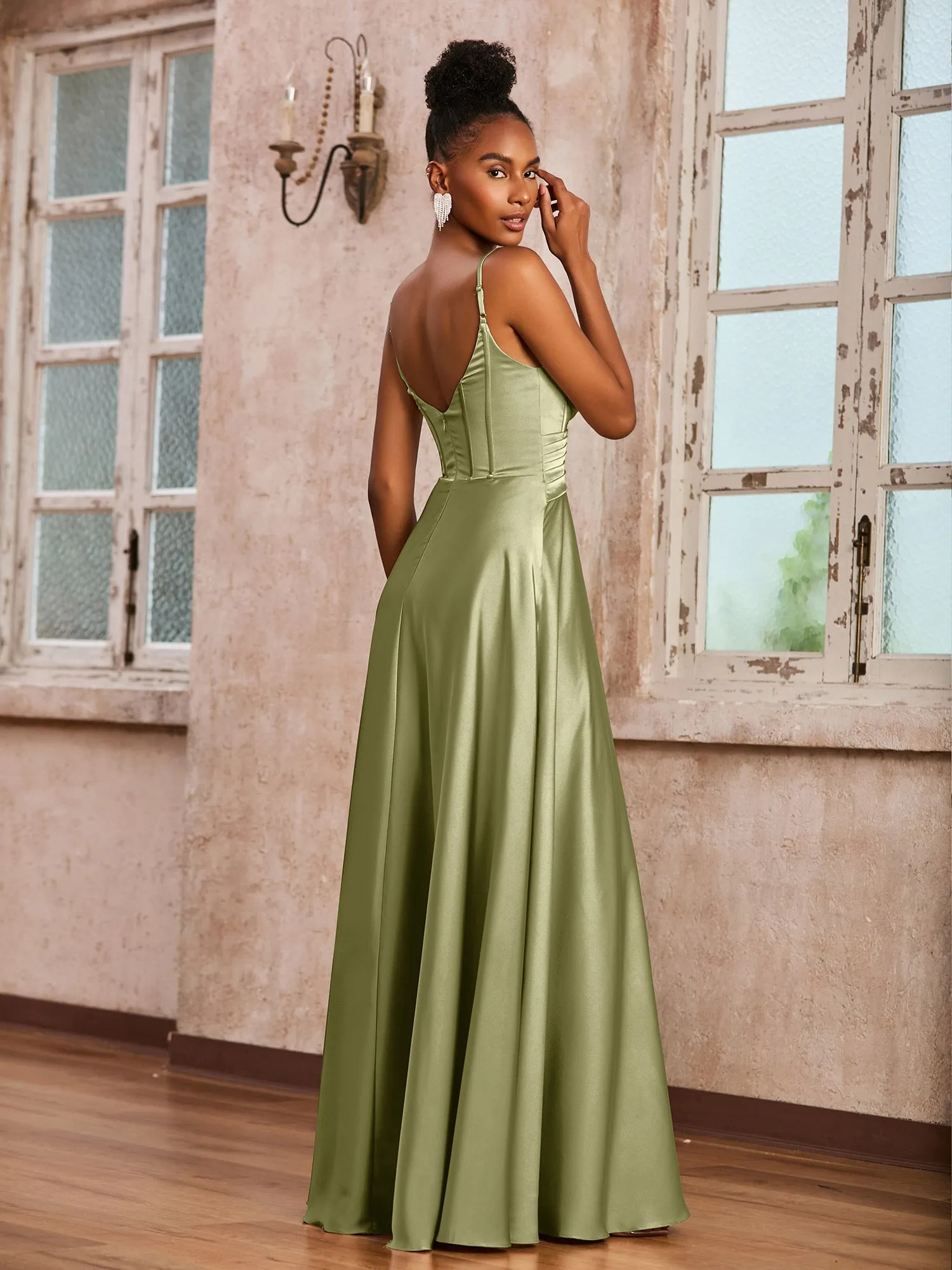 Korsett Oberteil Plissee Stretch-Satin Kleid Staubiges Salbei
