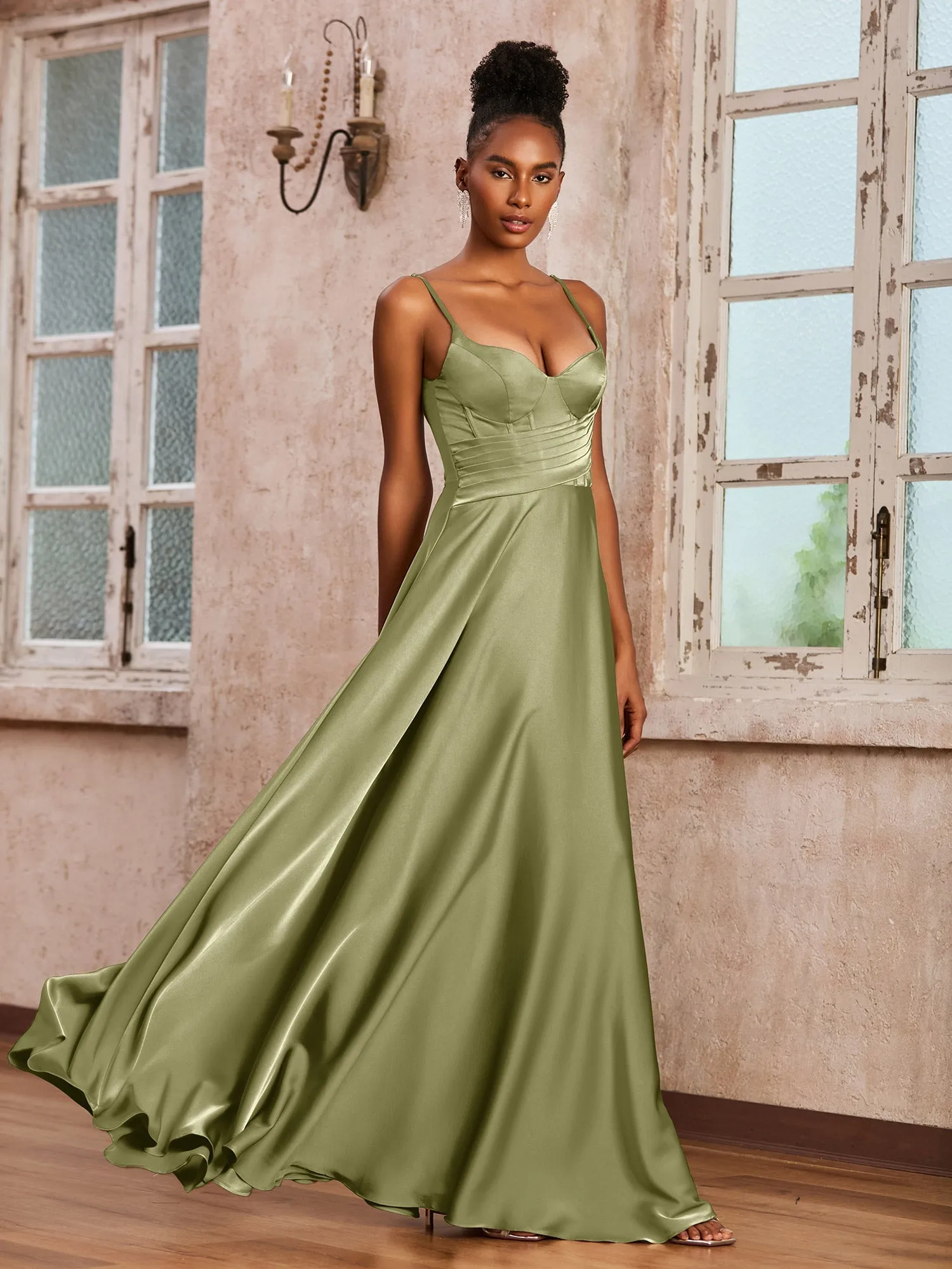 Korsett Oberteil Plissee Stretch-Satin Kleid Staubiges Salbei