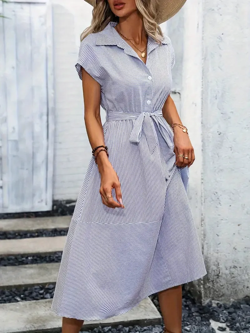 Striped Print Button Front Shirt Dress